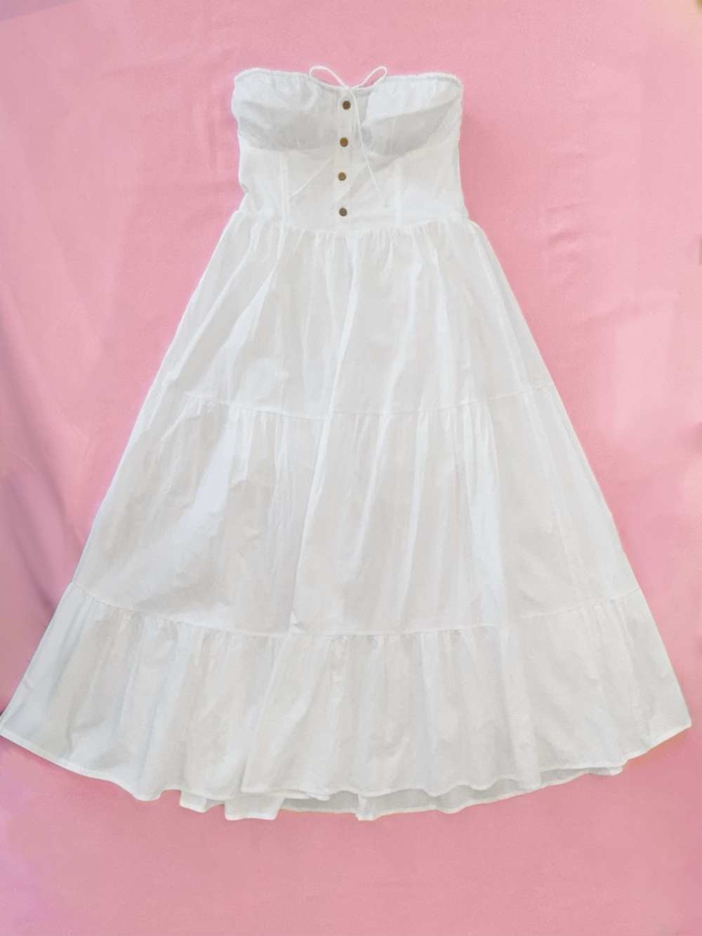 Hersy Strapless White Maxi Dress Brown Wood Buttons Sweetheart Balconette Medium
